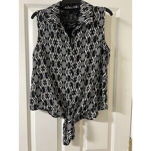 Women's Black & White Lace Back Button-Up Tie Front Blouse Geometric XL